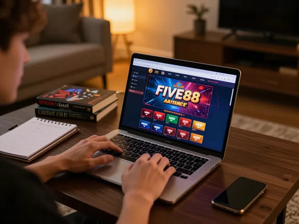 Player enjoying the FIVE88 online casino experience, with engaging game interface and cozy home setup.