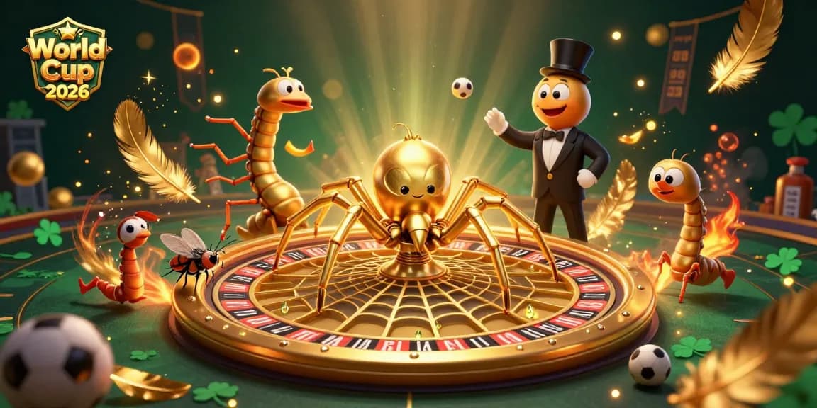 Engage with World Cup 2026 betting excitement featuring a golden spider spinning a roulette wheel web with dramatic elements.