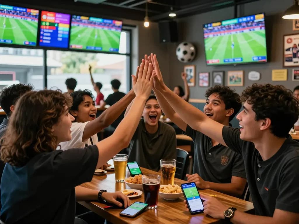 Group of friends celebrating betting excitement with keo nha cai during a live football match.