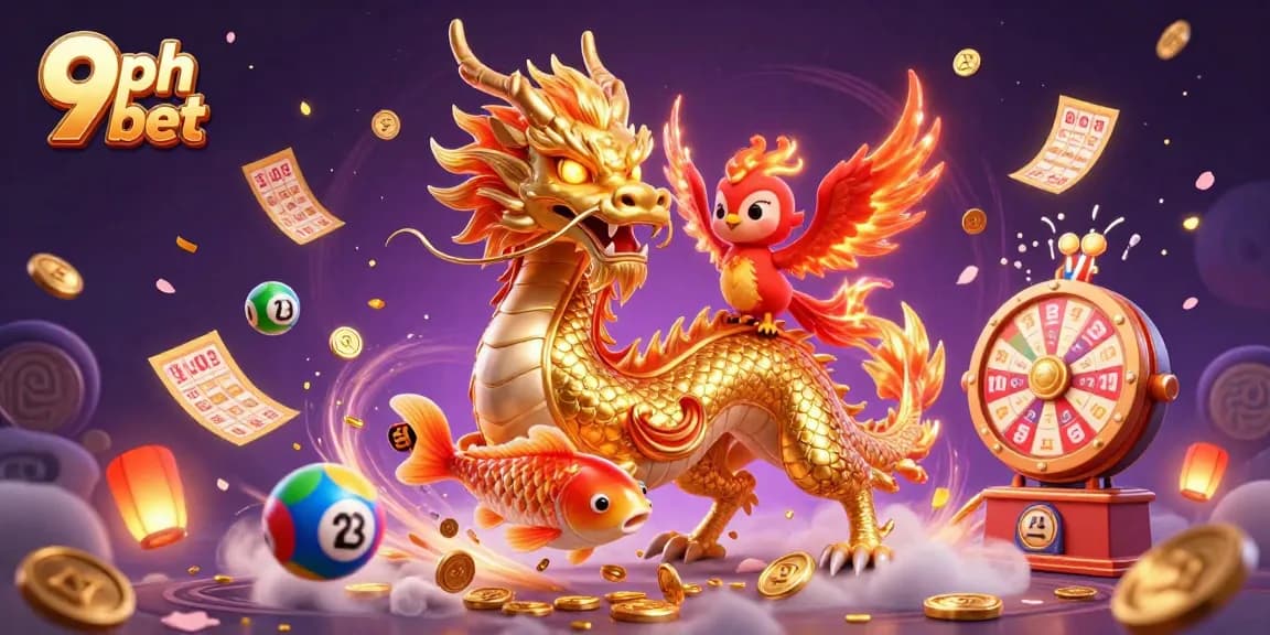 Join the excitement of 9ph bet with vibrant games, dragons, and coins in this dazzling casino illustration.