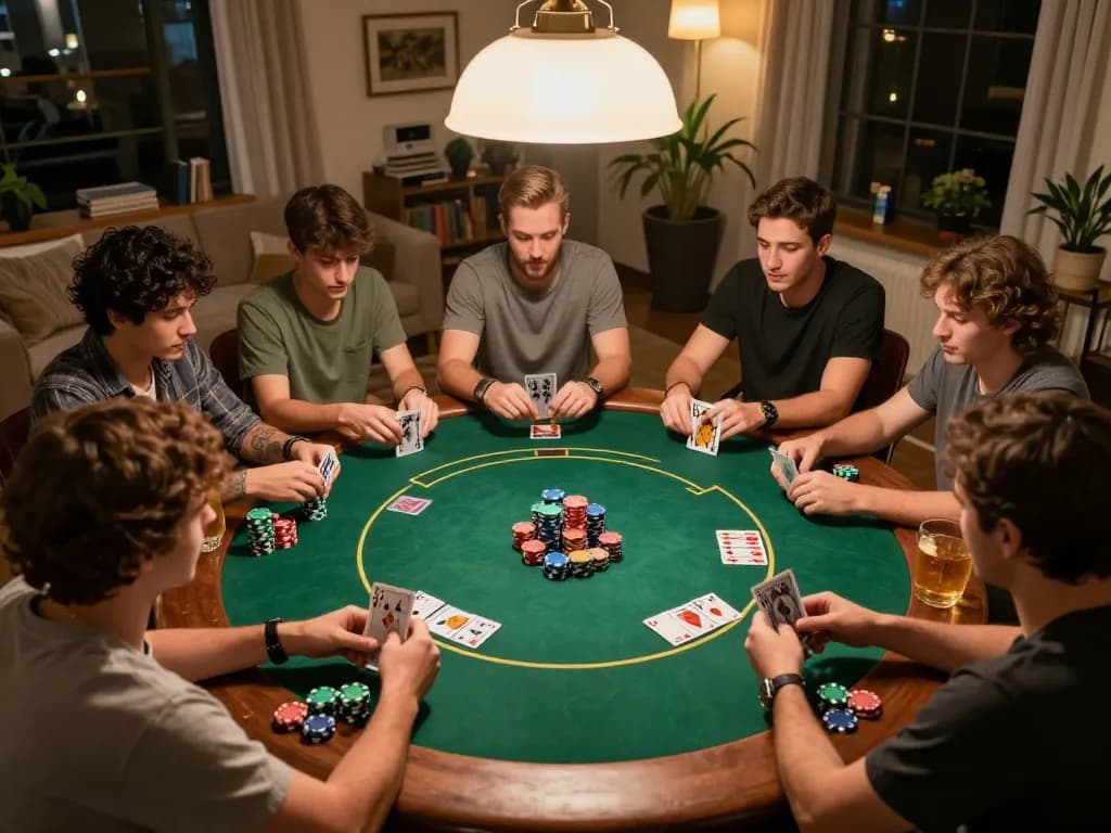 Friends enjoying a thrilling poker night at home, showcasing engaging gameplay with qh88go elements.