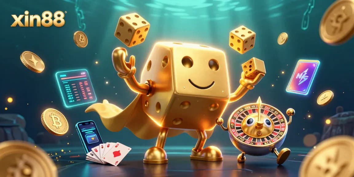 Engage with xin88 on a vibrant 3D casino illustration showcasing golden dice golem and crypto elements.