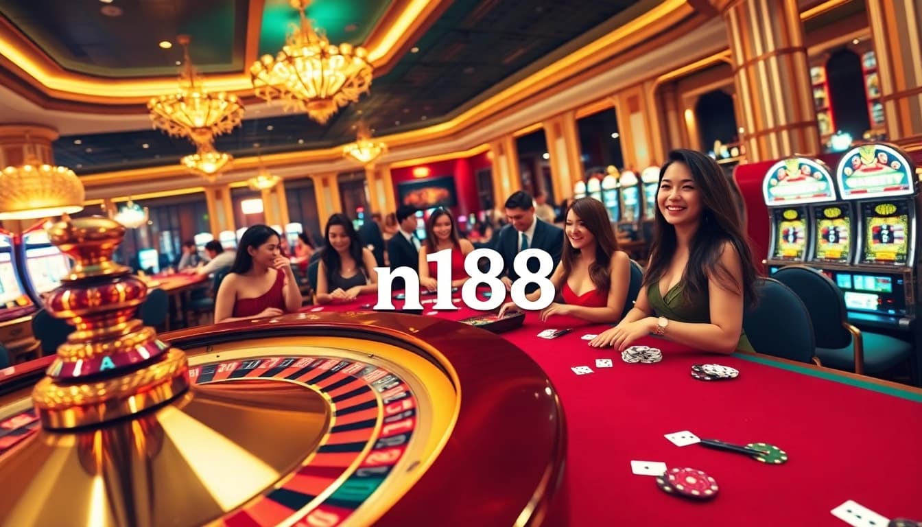 Experience the thrill of n188 casino gaming with vibrant tables, excited players, and luxurious atmosphere.