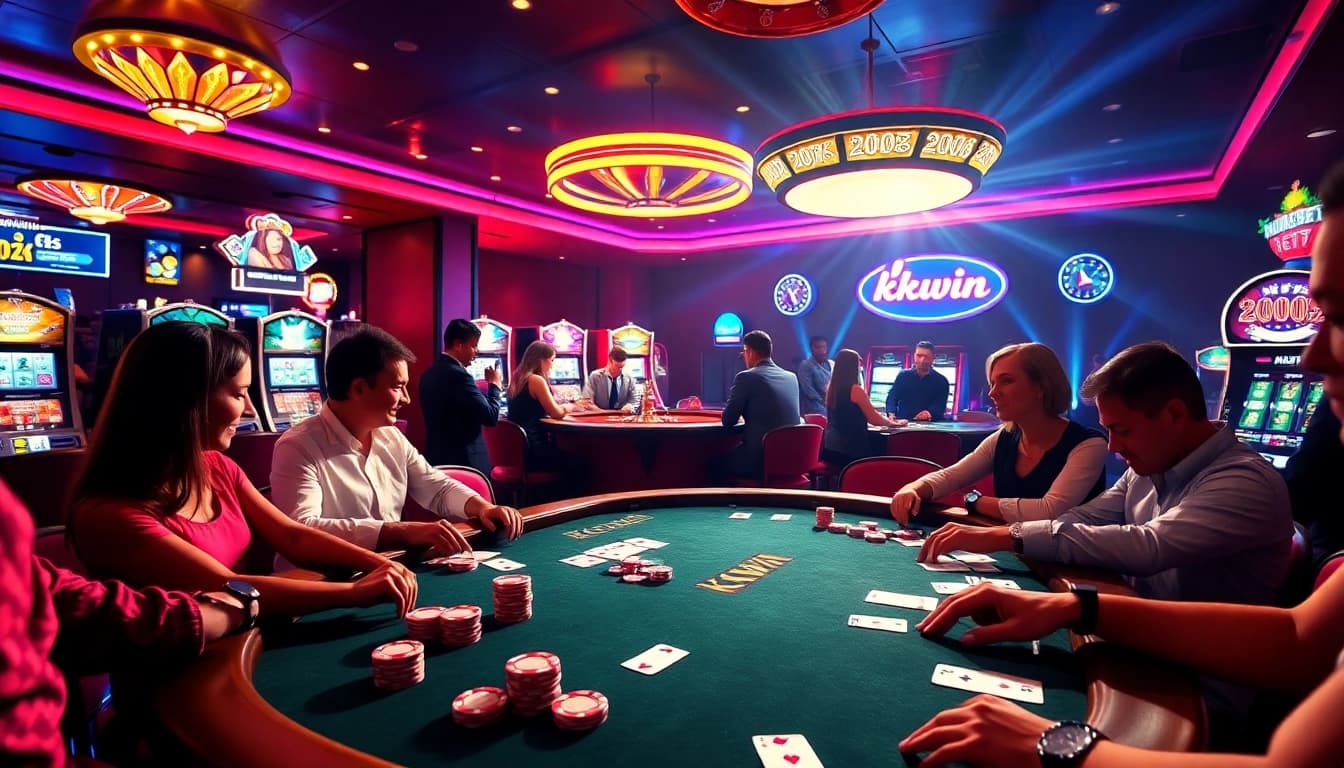 kkwin casino scene with players at a poker table and vibrant slot machines