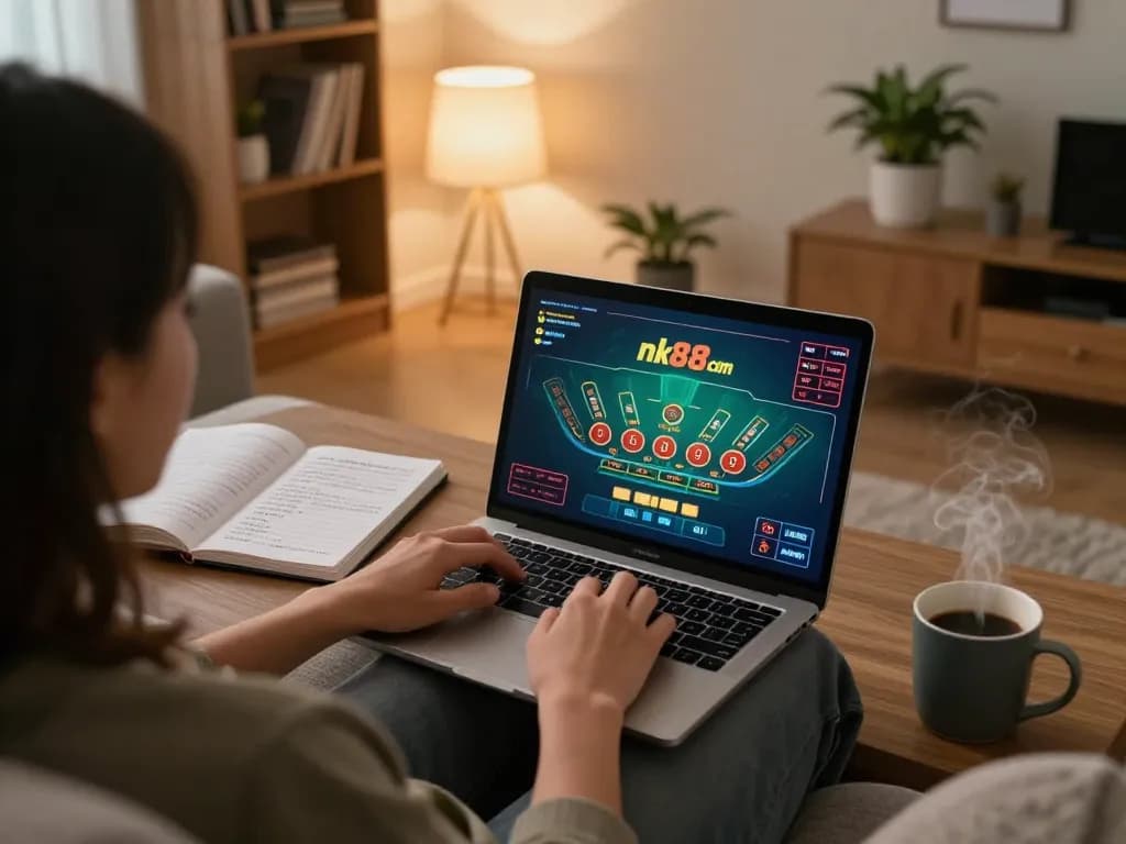 Engaging online gambling session at nk88 com with a player enjoying blackjack at home.
