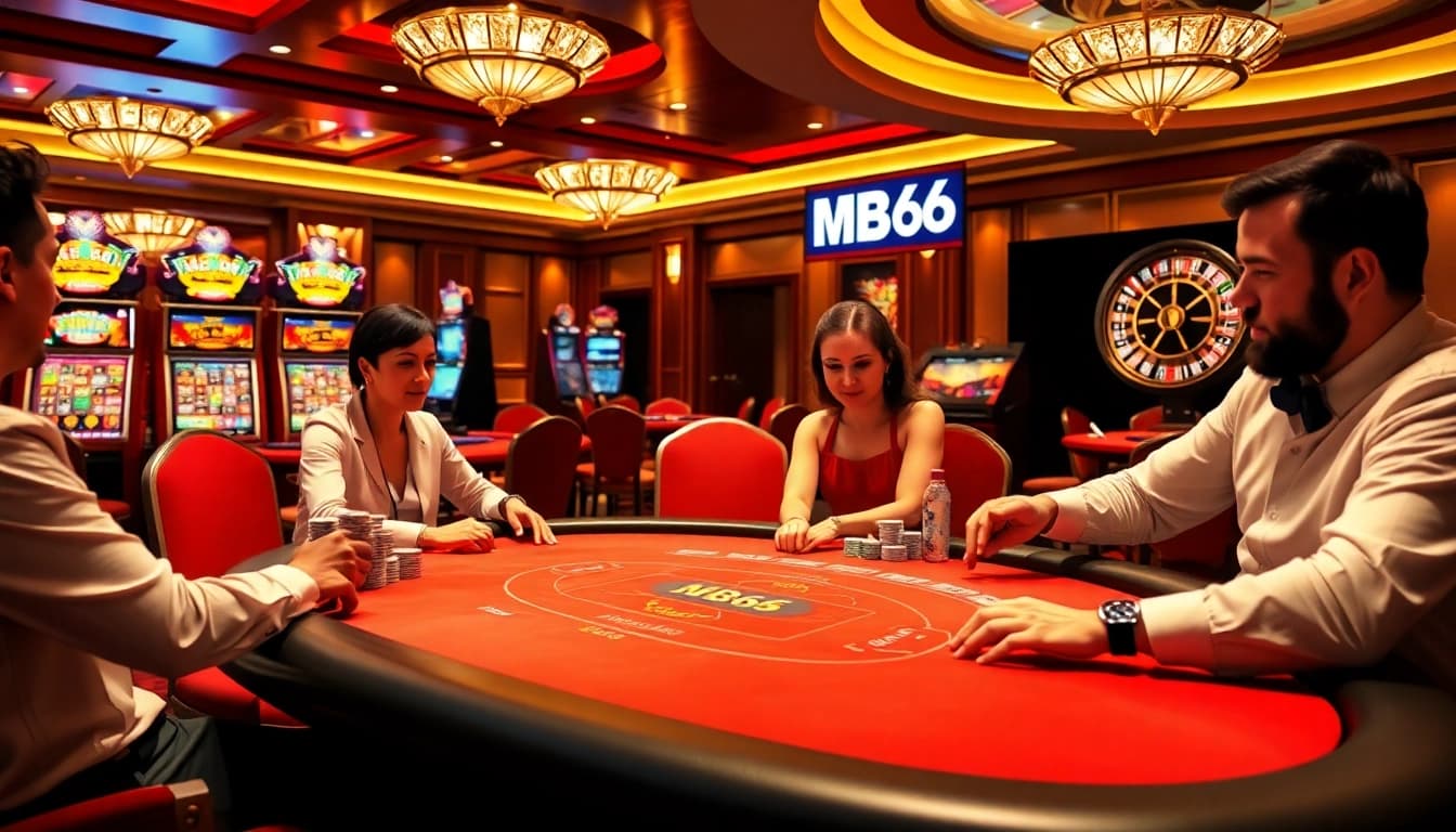 Players winning at the MB66 casino table, showcasing thrilling gambling action with poker chips.