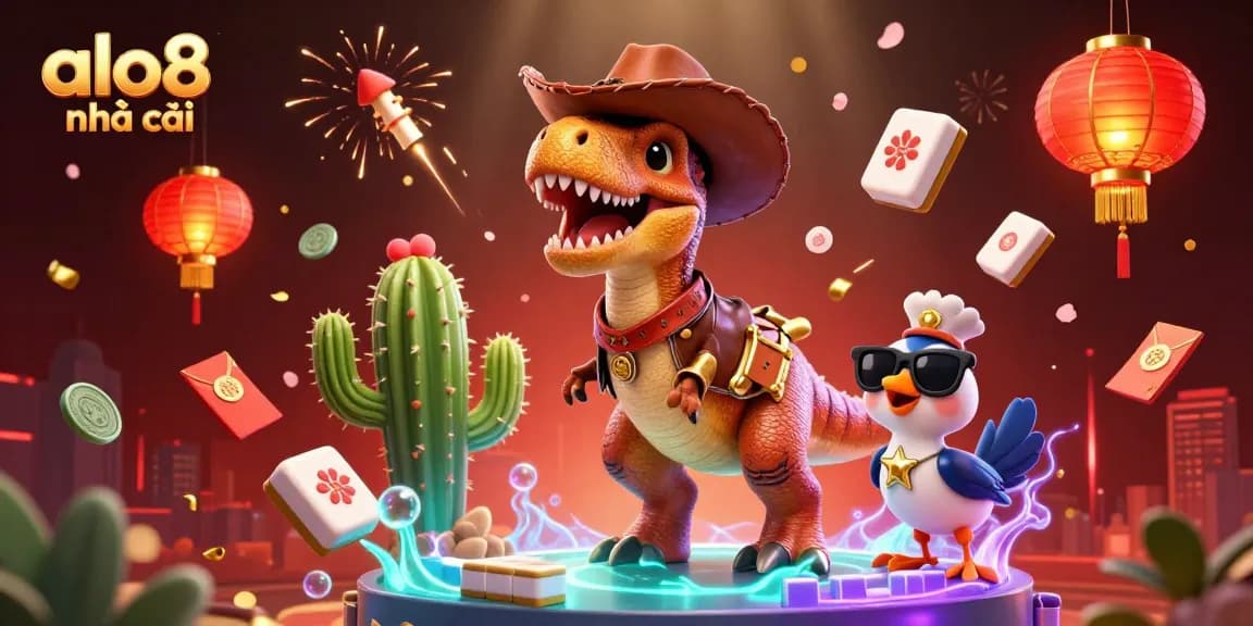 Alo8 nhà cái offers vibrant entertainment with a rich illustration featuring a T-Rex and colorful game elements.