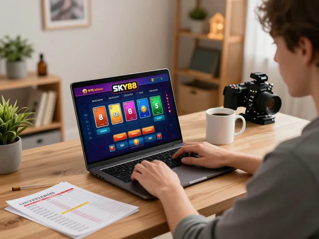 Engaging gameplay at SKY88 online casino showing a player analyzing cards on their laptop in a cozy environment.
