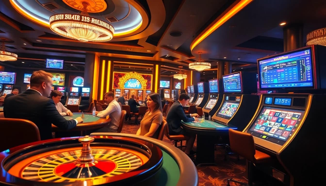 Players enjoying games at xoso66, featuring a roulette wheel and poker table in a luxurious casino setting.