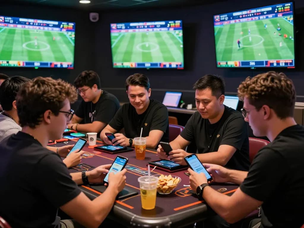 Sports betting enthusiasts analyzing kèo nhà cái in a vibrant lounge