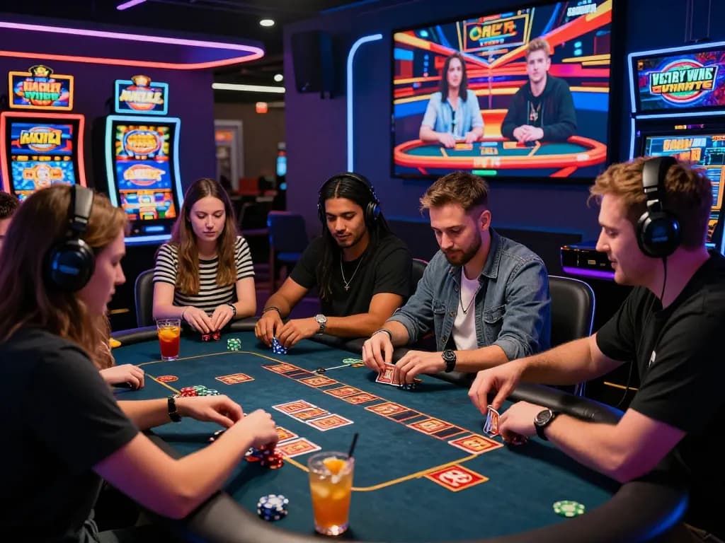 Friends enjoying a lively game night at 789club online casino with vibrant gaming graphics and dynamic atmosphere.