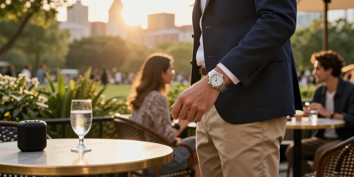Stylish individual displaying a replica watch in a vibrant city park, showcasing luxury and sophistication.