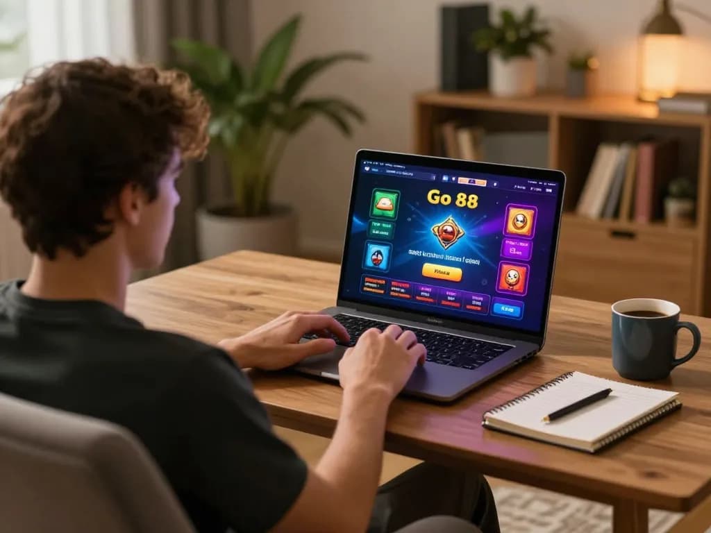 Engage in online gaming with Go 88, showcasing a player at their home setup involved in gameplay.