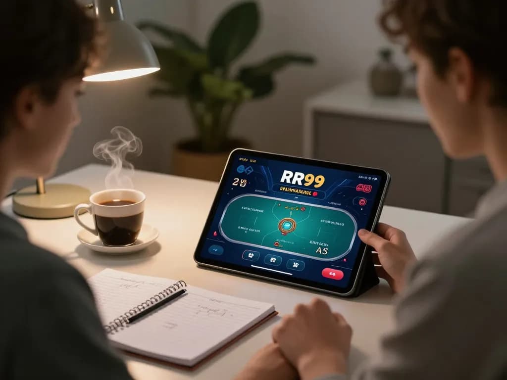 Play poker on the RR99 platform using a tablet while analyzing strategies in a cozy setup.