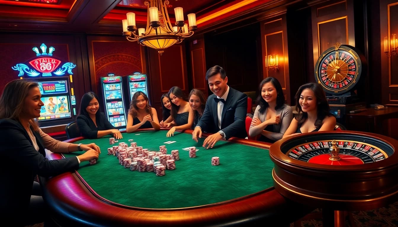 Players engaging in an exciting poker game at HELLO88, showcasing luxury and professionalism in the gambling experience.