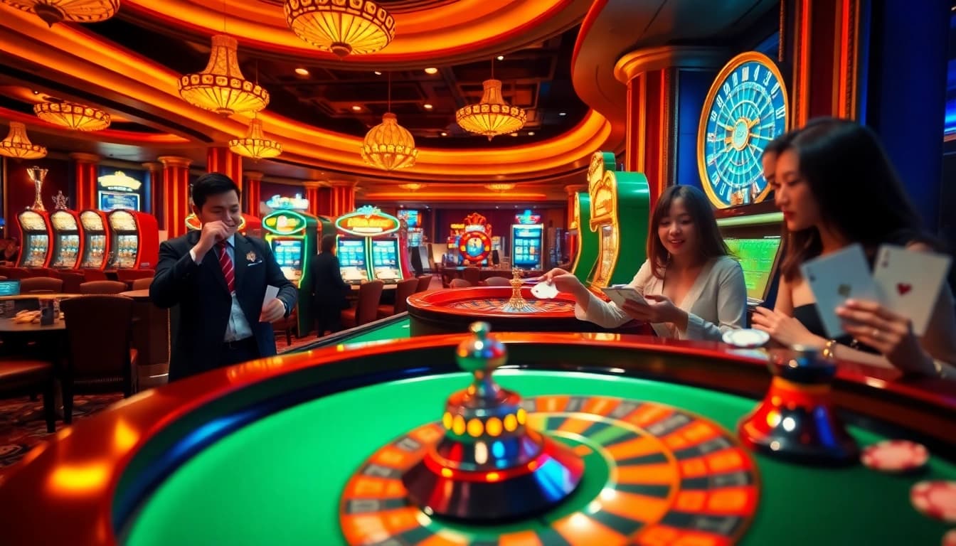 Players enjoying a vibrant casino atmosphere with roulette and poker chips at tylenhacai7.com.