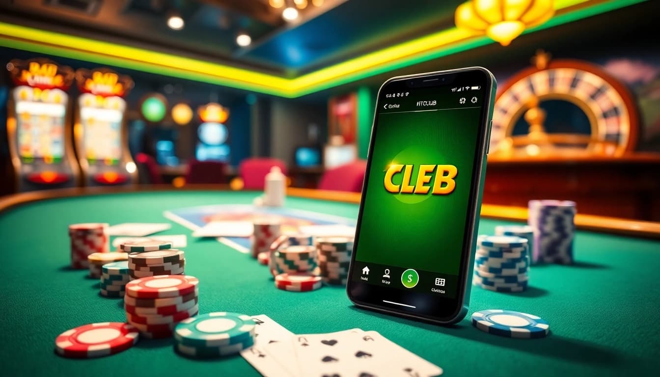 Tải app Hitclub on a smartphone at an exciting casino, showcasing vibrant poker chips and cards.