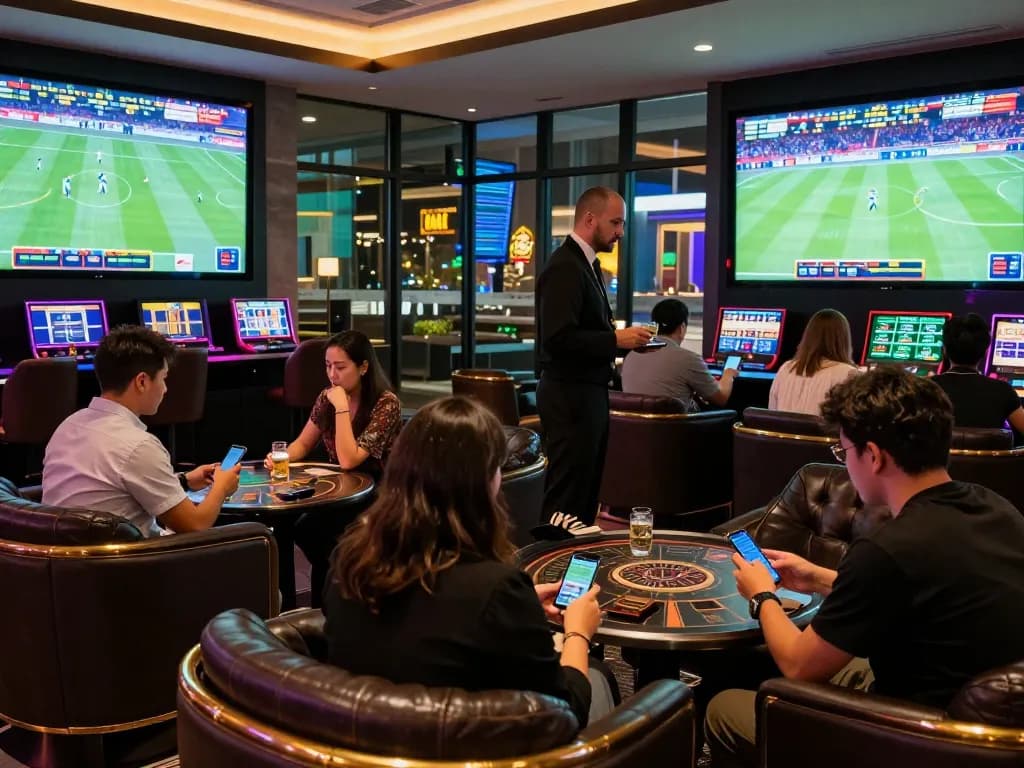 Bsport players engaged in dynamic sports betting at a high-end casino lounge, showcasing excitement and strategy.