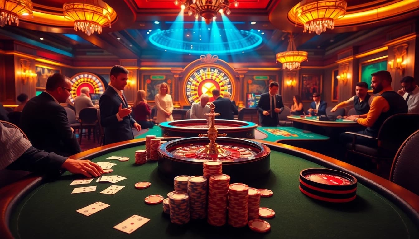 Experience luxury gaming at 789p with lively poker and casino tables in a vibrant casino setting.