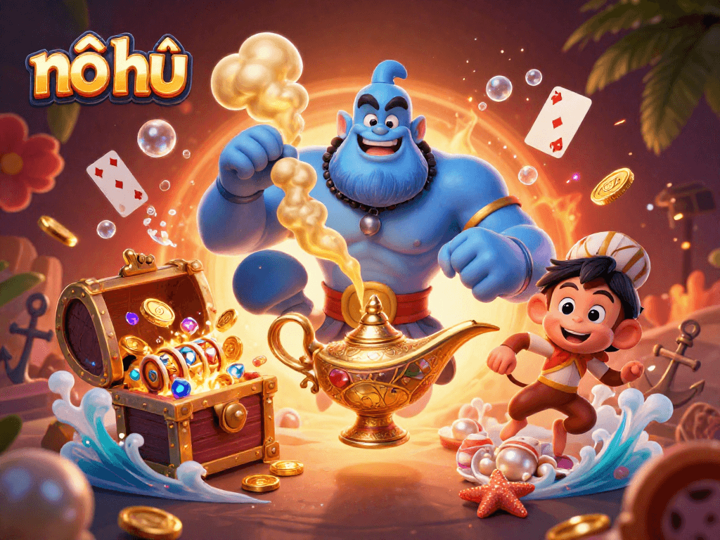 Nổ hũ slot action scene with a blue genie, monkey, and dynamic casino elements bursting with excitement
