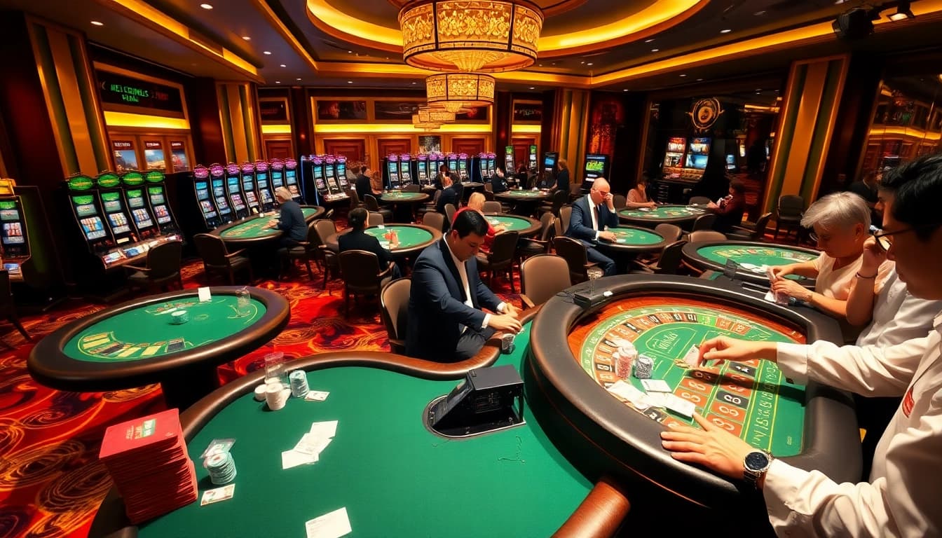 Players are enjoying various games at TV888's luxurious casino, showcasing excitement and professionalism.