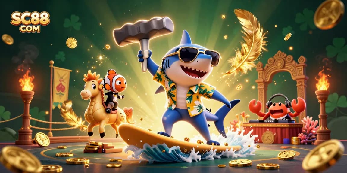 Surf exciting games at SC88 COM with a 3D hammerhead shark and stunning golden visuals!