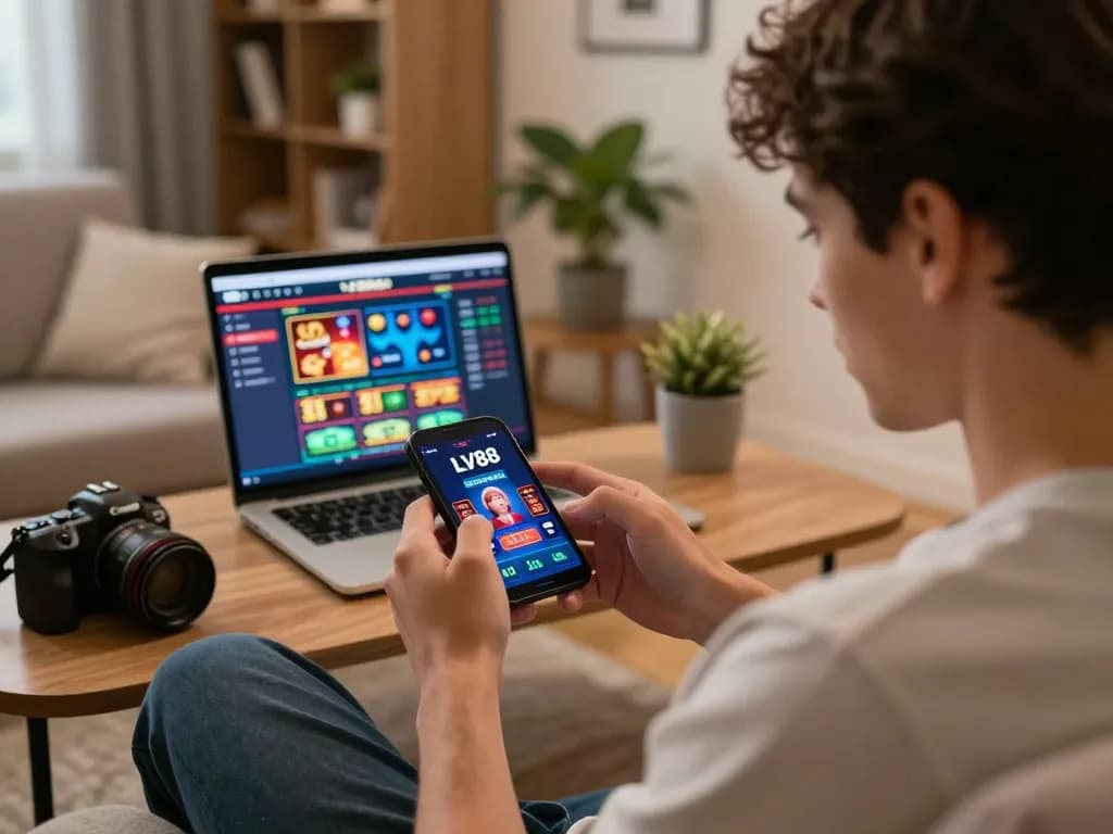 Engaging in gaming strategy with the LV88f casino app while enjoying a cozy home environment.