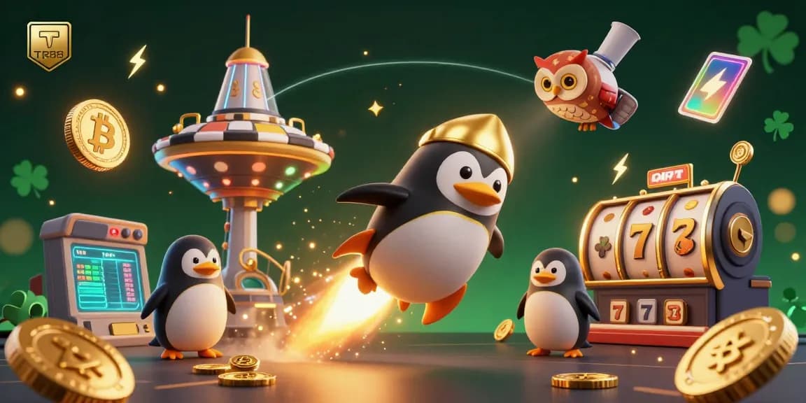 Win big at TR88 with a vibrant scene featuring a rocket penguin and rich casino elements.