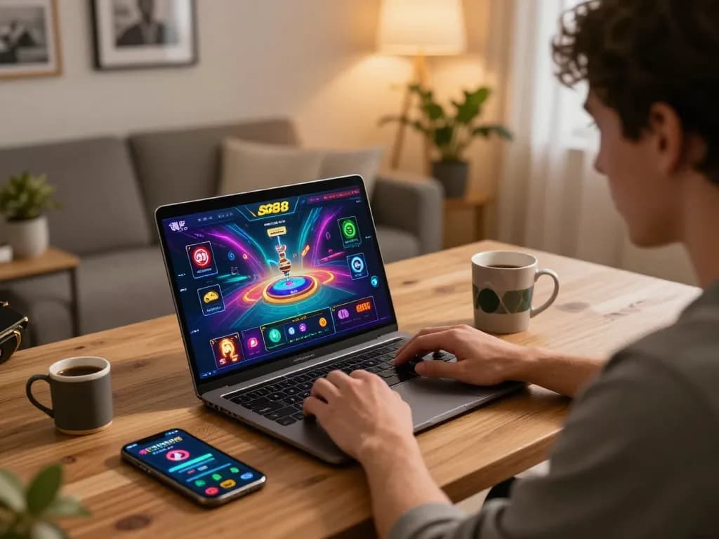 Player engaged in online gaming with sc88 platform, showcasing laptop and smartphone at home.