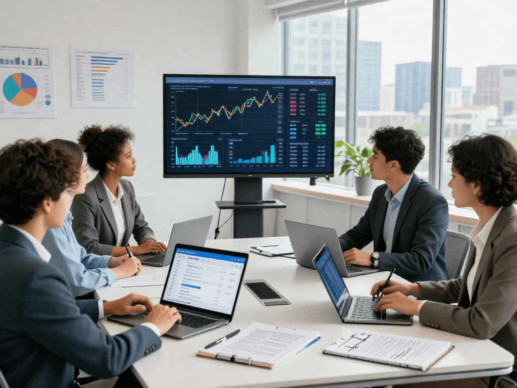 Professionals collaborating in a modern office setting showcasing IDXSTAR real estate analytics on tablets and screens.