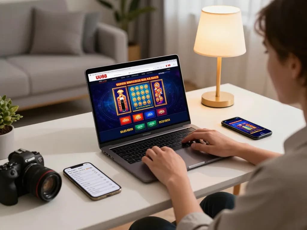 Engaging with UU88 casino platform at a stylish home gaming setup showcasing laptop and smartphone.