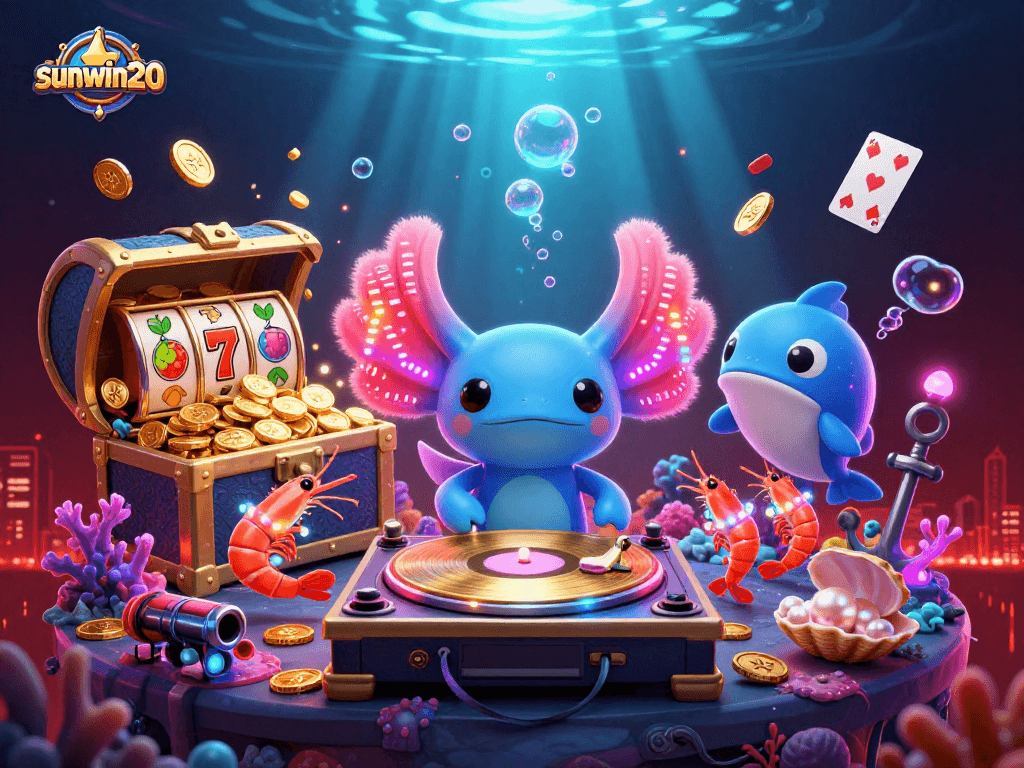 Experience the thrill of sunwin20 as a vibrant axolotl DJ spins records amidst underwater treasures and casino-themed elements.