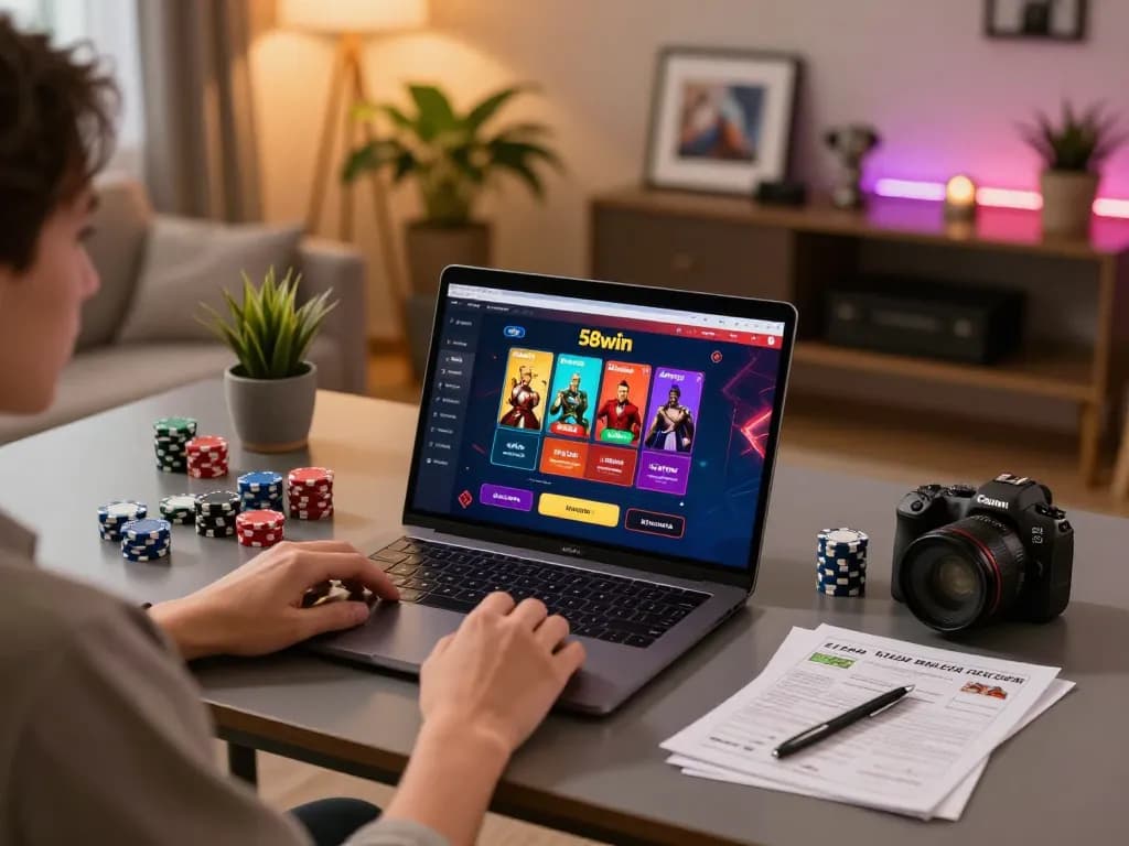 Player engaging with the 58wiin online casino app on a laptop at home, showcasing an inviting gaming atmosphere.