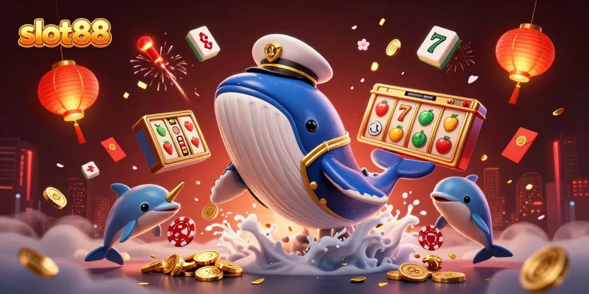 Engage with slot88 in this lively 3D scene featuring a whale and dolphins amidst colorful casino elements.