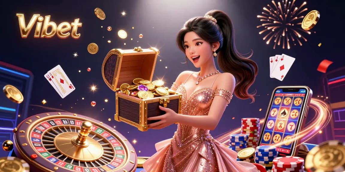 Experience thrilling gameplay with Vibet as golden treasures cascade in a vibrant casino scene.