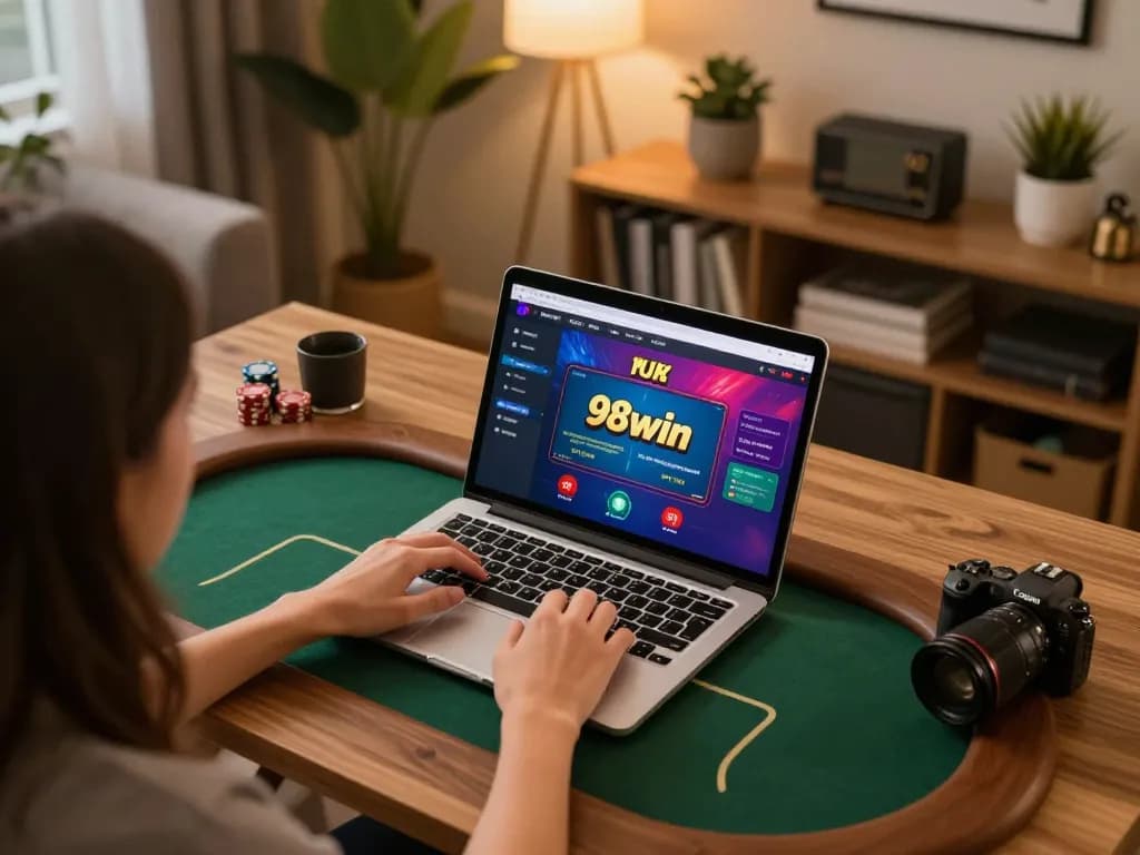 Player engaging with 98win's online platform on a laptop in a contemporary gaming setup.