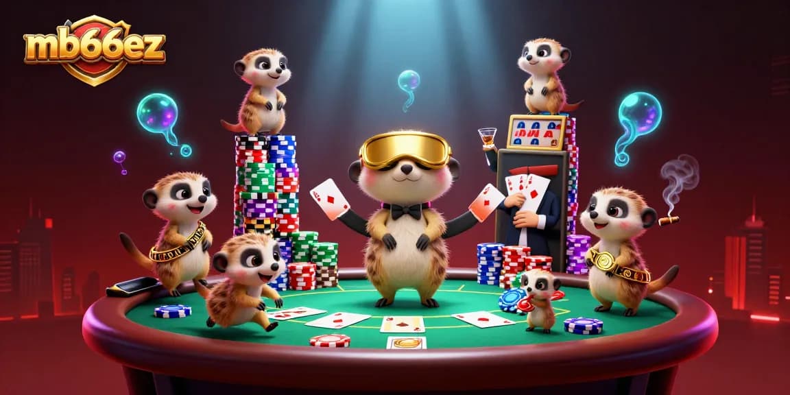 Play poker and win big with mb66ez in a vibrant cartoon meerkat casino.
