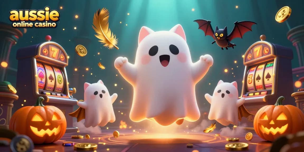 Aussie online casino illustration featuring a ghost cat adventuring in a haunted casino with vibrant gaming elements.