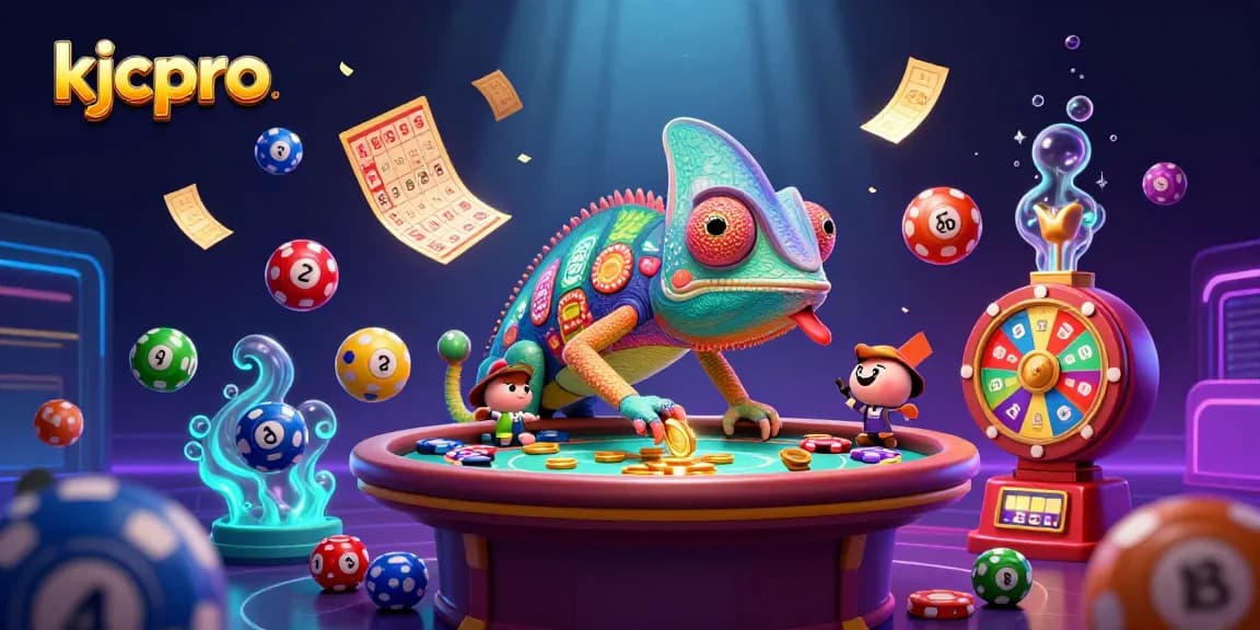 Engage with kjcpro's vibrant online casino experience featuring a colorful chameleon and dynamic game elements.