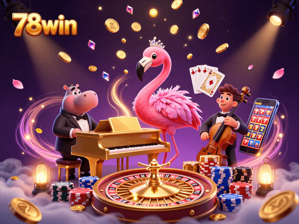 Experience thrilling wins with 78win in this vibrant 3D casino illustration filled with gaming excitement.