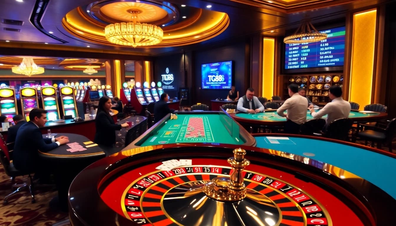 Players enjoying the thrill of gambling at TG88 casino with roulette and poker games.