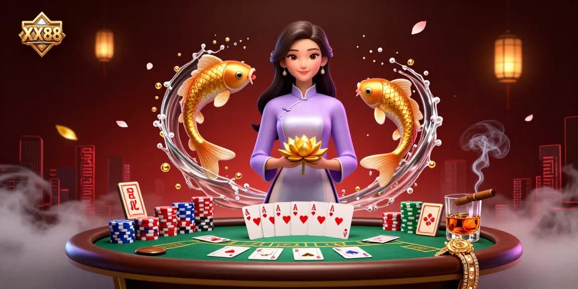 Engage with the thrilling atmosphere at XX88, where an elegant character showcases her luck with cards and koi fish.