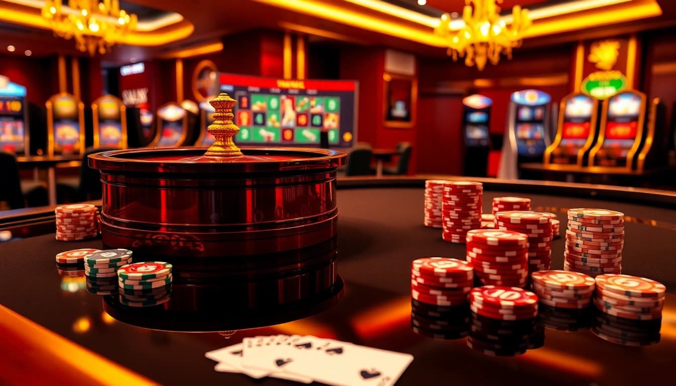 Place your bets at https://tr88.autos/ with a luxurious casino setup showcasing roulette, chips, and cards.