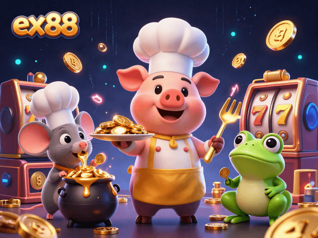 Experience thrilling wins with ex 88 inspired casino illustration of a pig chef and sizzling gold coins.
