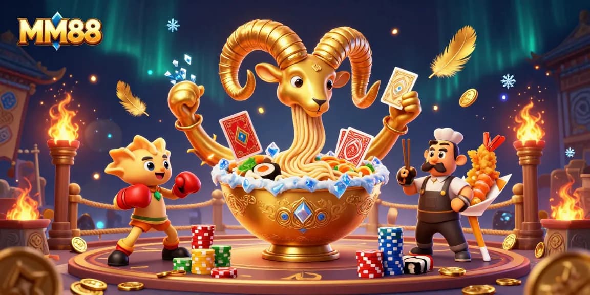 Engaging MM88 gaming scene featuring a golden ramen bowl character dealing cards, filled with casino-themed elements.