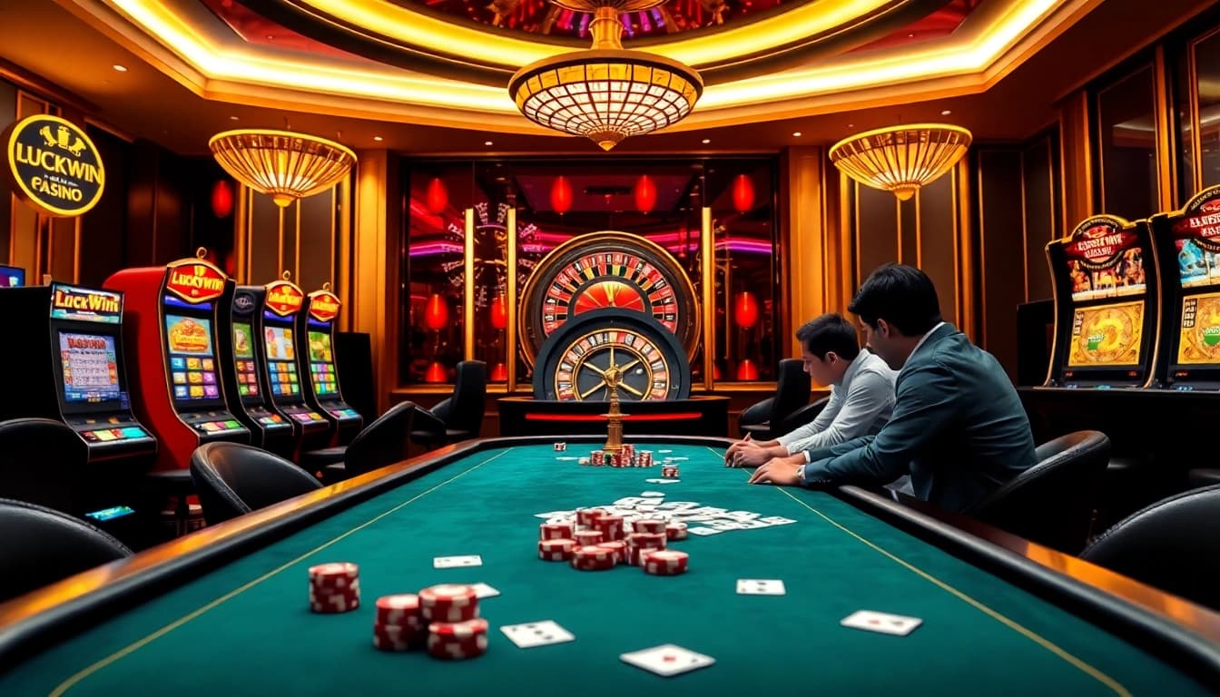 Luckywin casino scene with poker players and vibrant slot machines in a luxurious setting.