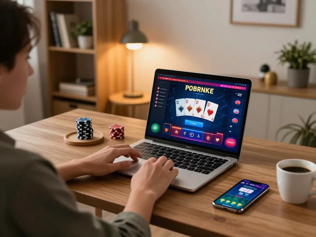 Engaging in online poker on Trang chủ DU88 with live dealer game interface in comfortable home setting.