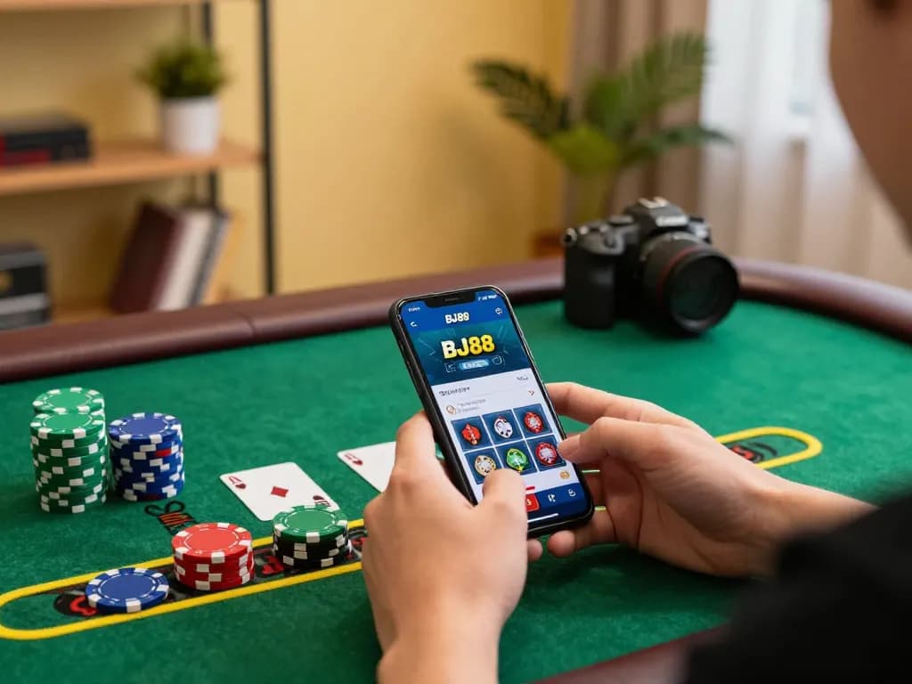 Engaged player enjoying live dealer blackjack at BJ88 with vibrant chips and smartphone interface.