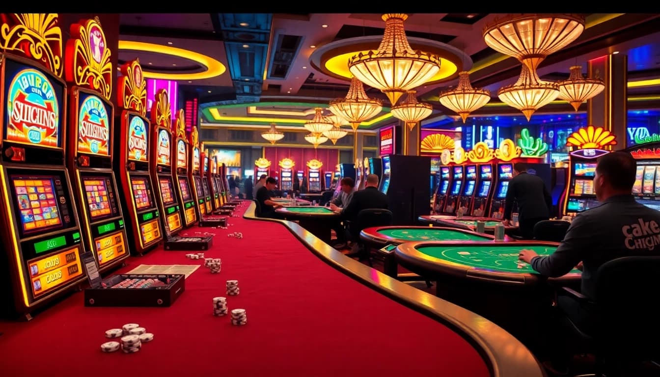 Experience the thrill of lucky88 with vibrant slot machines and excited players at a luxurious casino.
