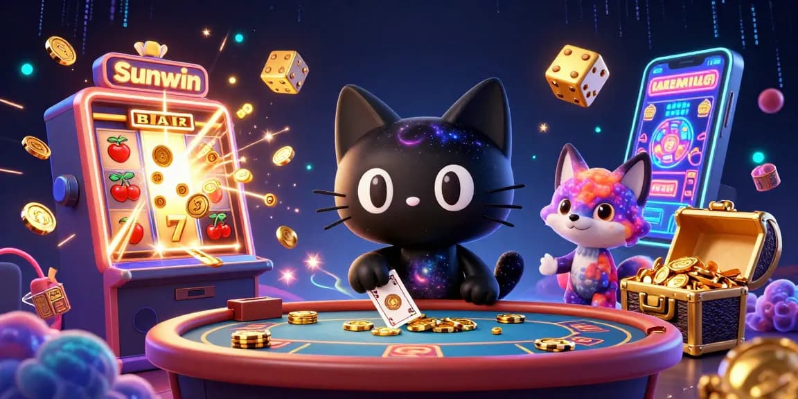 Experience sunwin's cosmic gaming adventure with a magical casino scene filled with vibrant slot machines and animated characters.